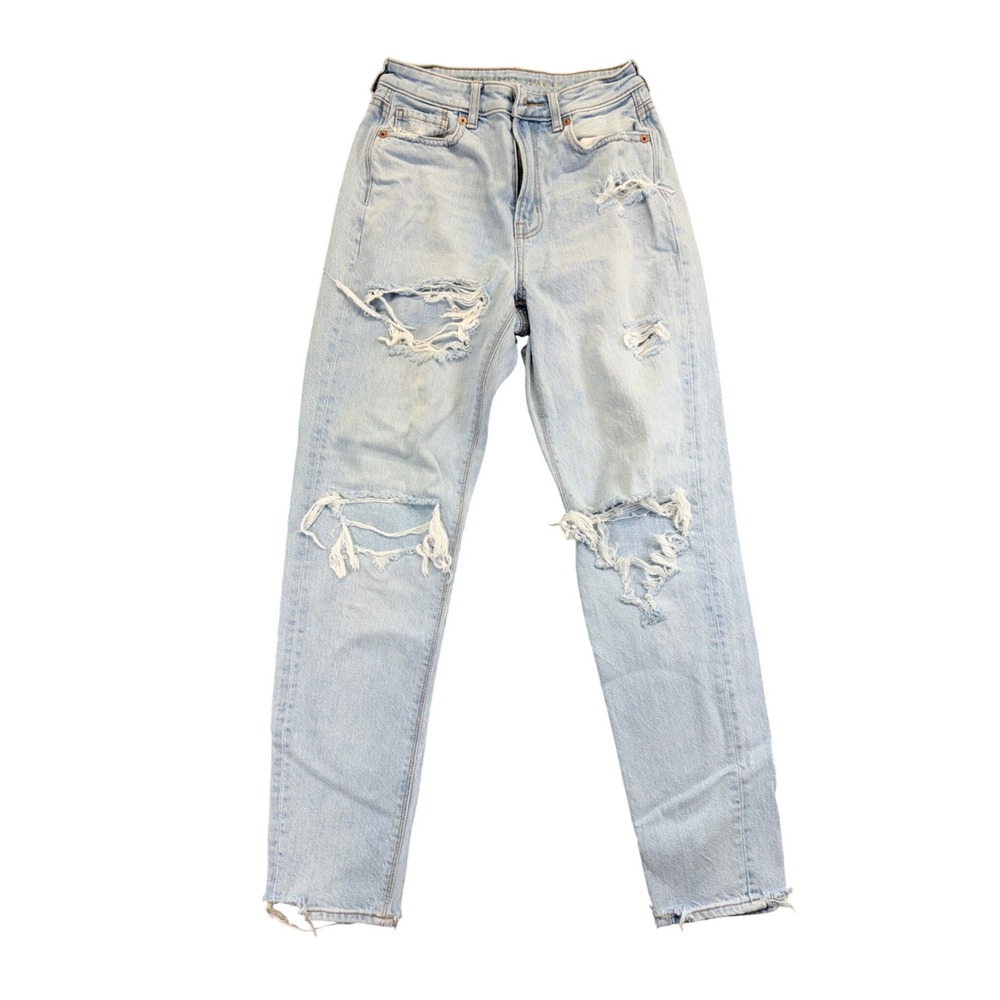 American Eagle Womens 00 High Waisted Mom Jeans Light Wash Distressed Ripped